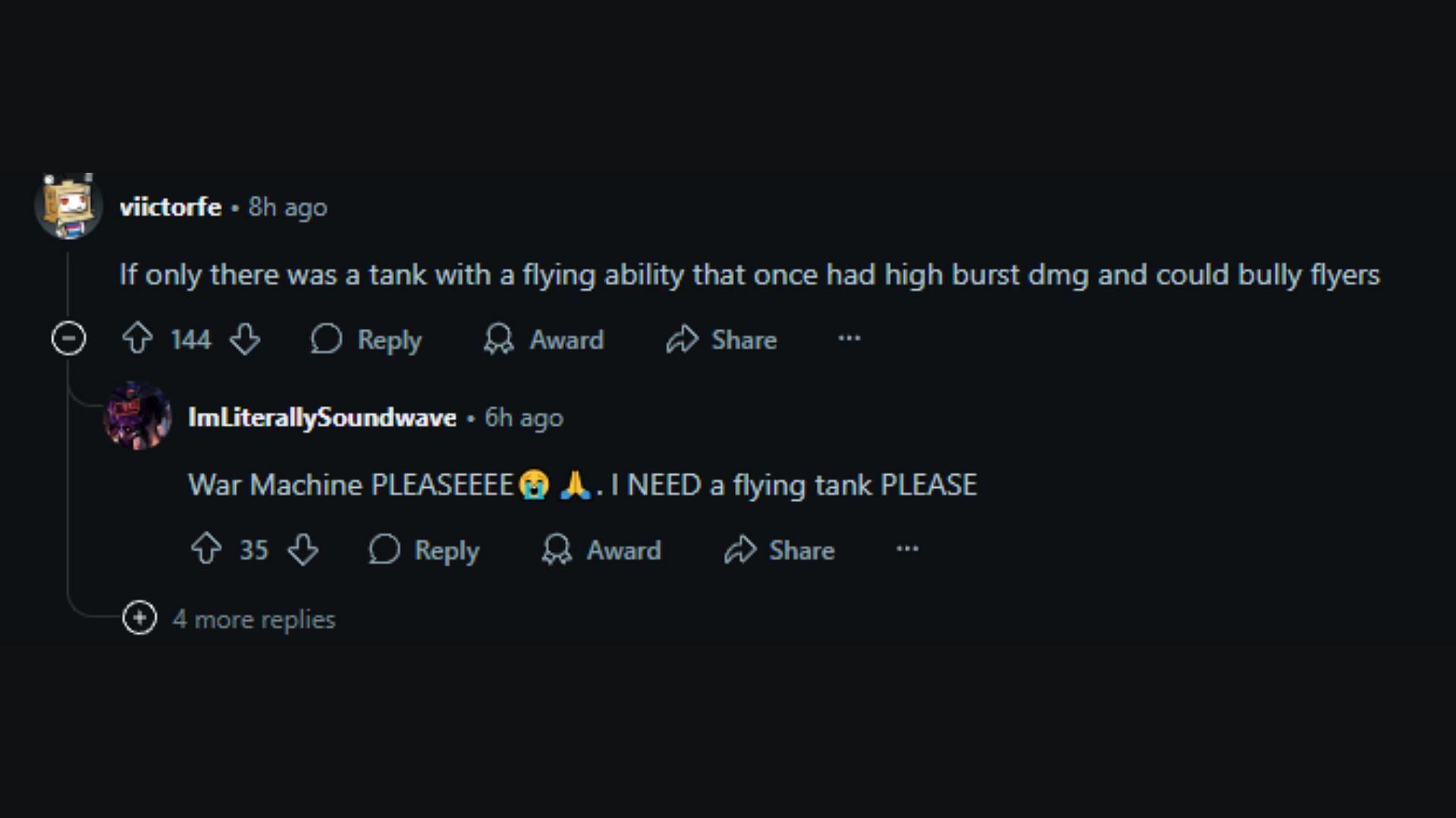 Community members wishing for a high-mobility Vanguard like War Machine (Image via Reddit)